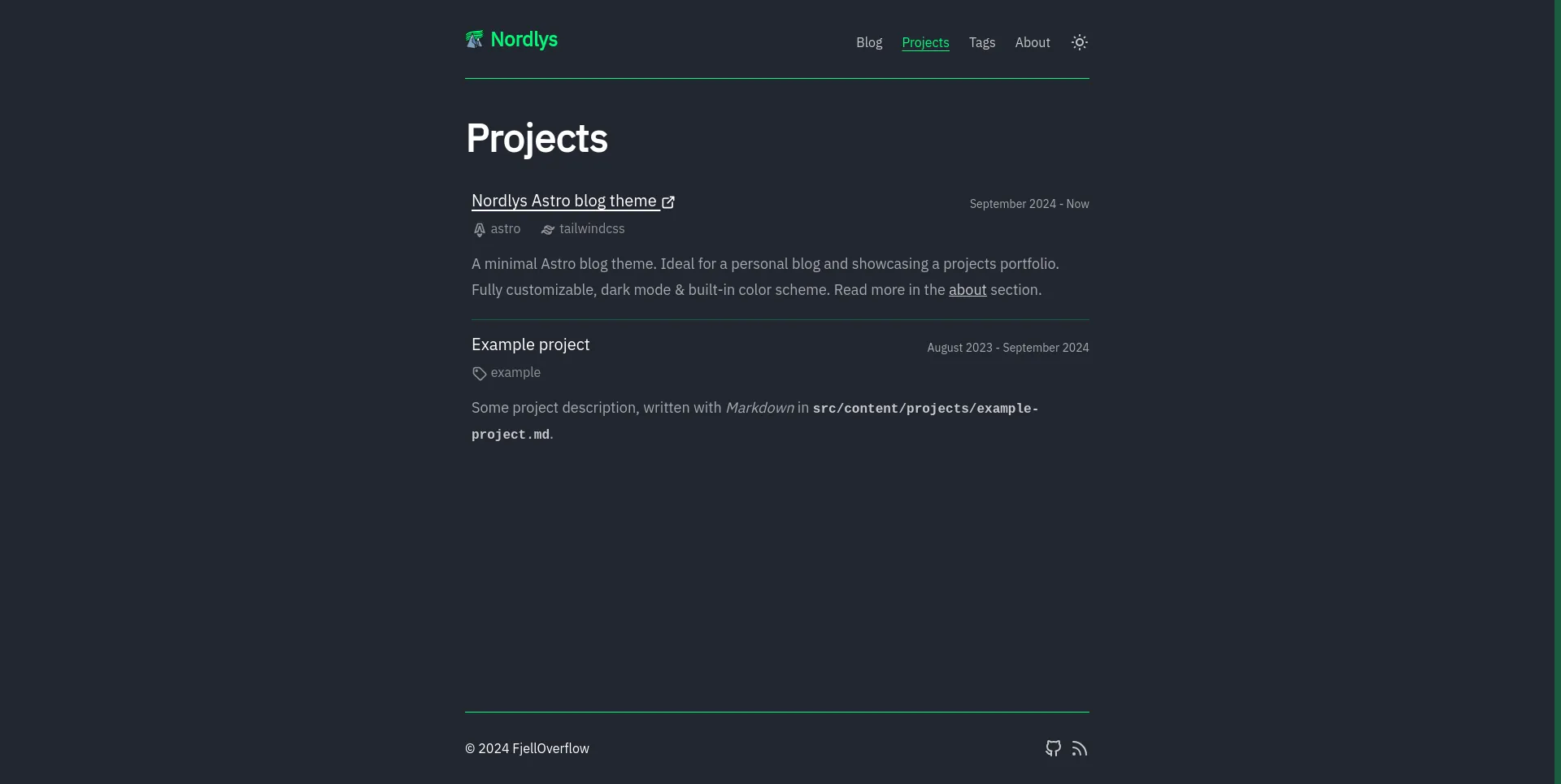 Nordlys projects page in dark mode with aurora color scheme