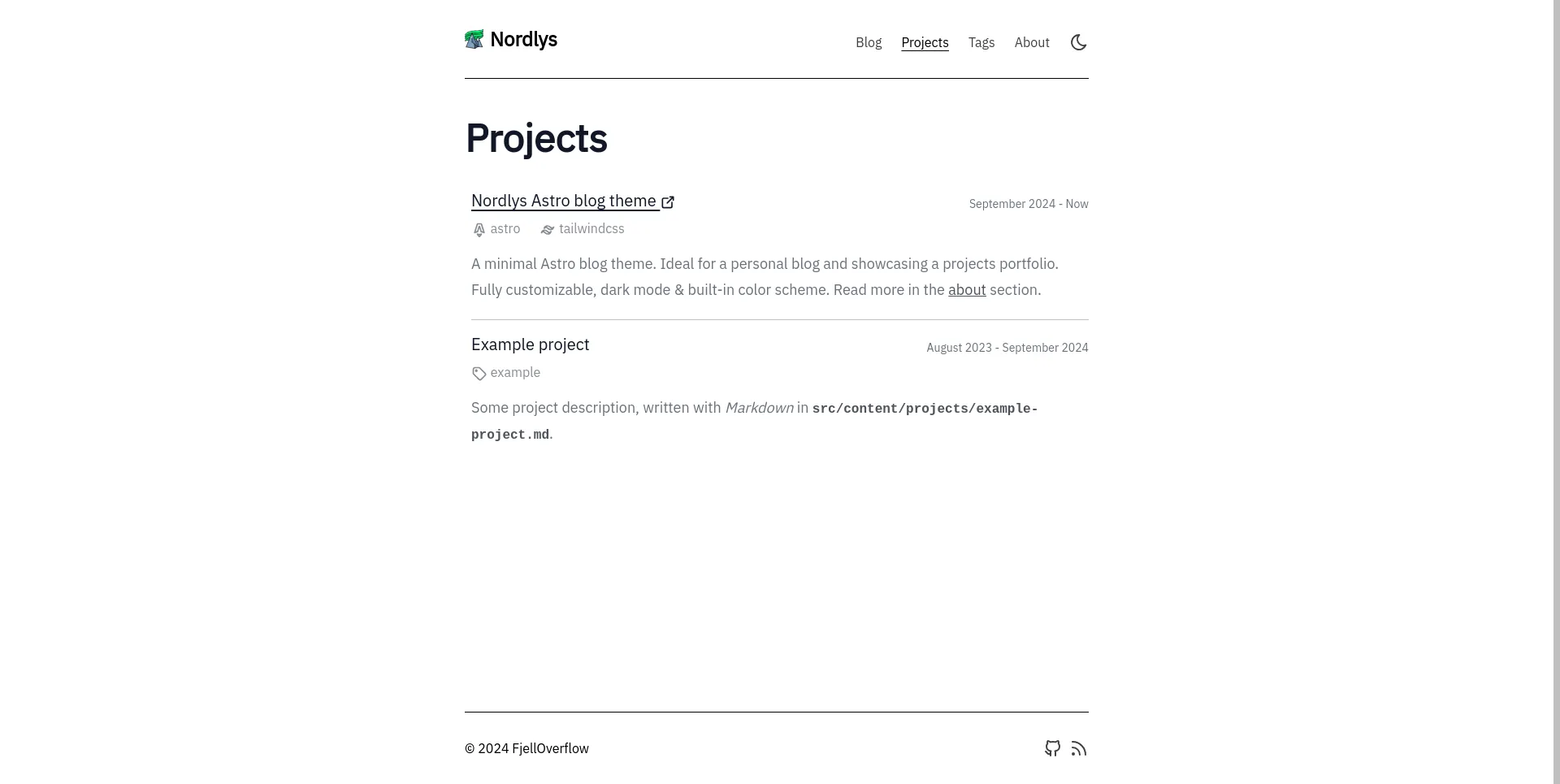 Nordlys projects page in light mode with mono color scheme