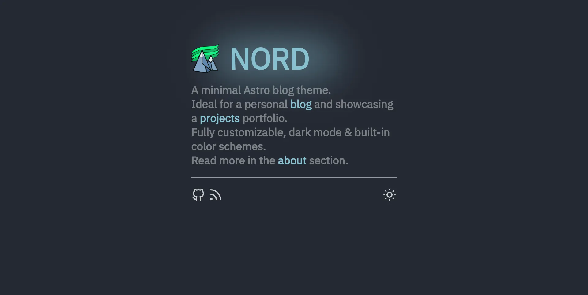 Nordlys landing page in dark mode with nord color scheme