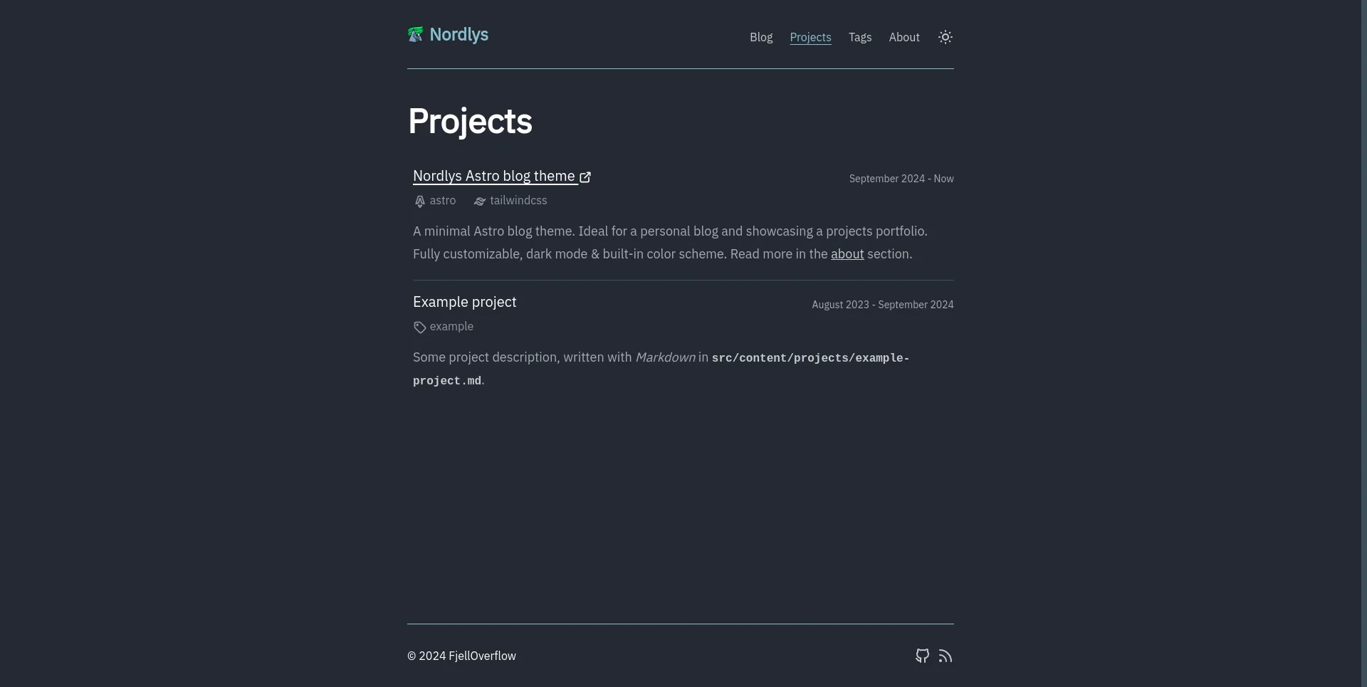 Nordlys projects page in dark mode with nord color scheme