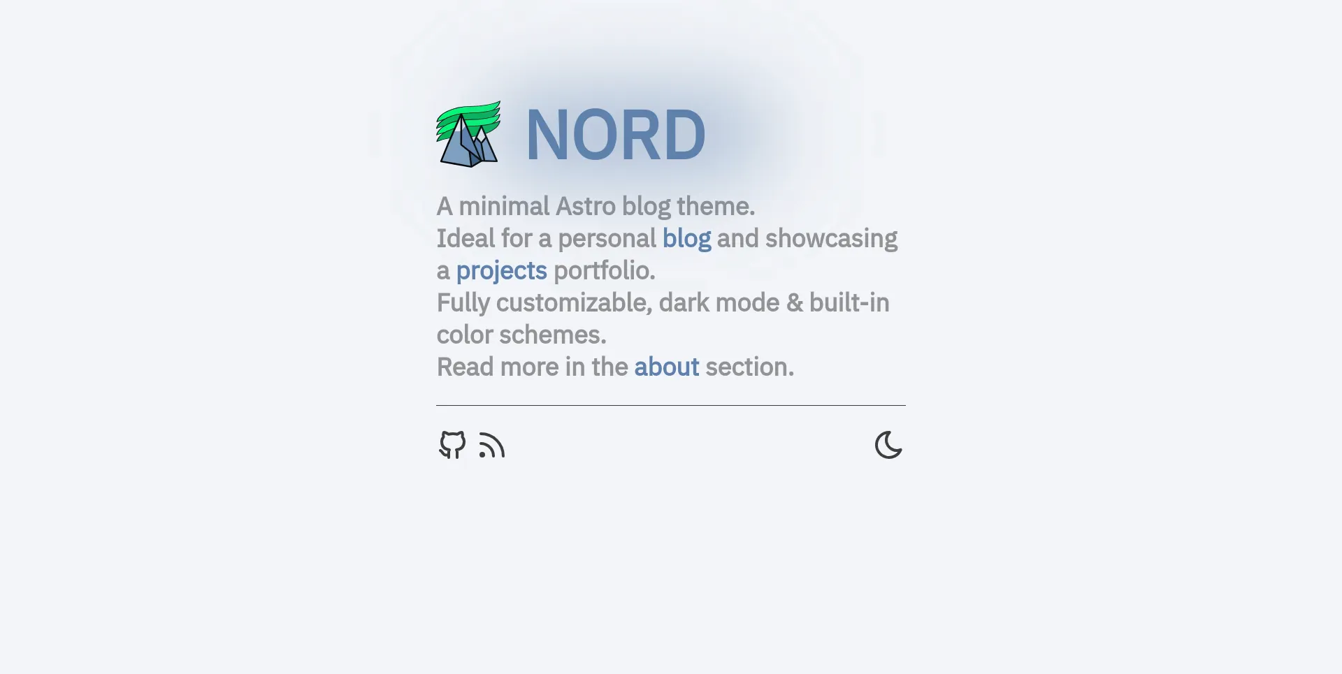 Nordlys landing page in light mode with nord color scheme